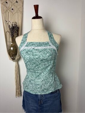 Vintage Mint Green Floral Halter Top with White Lace Trim